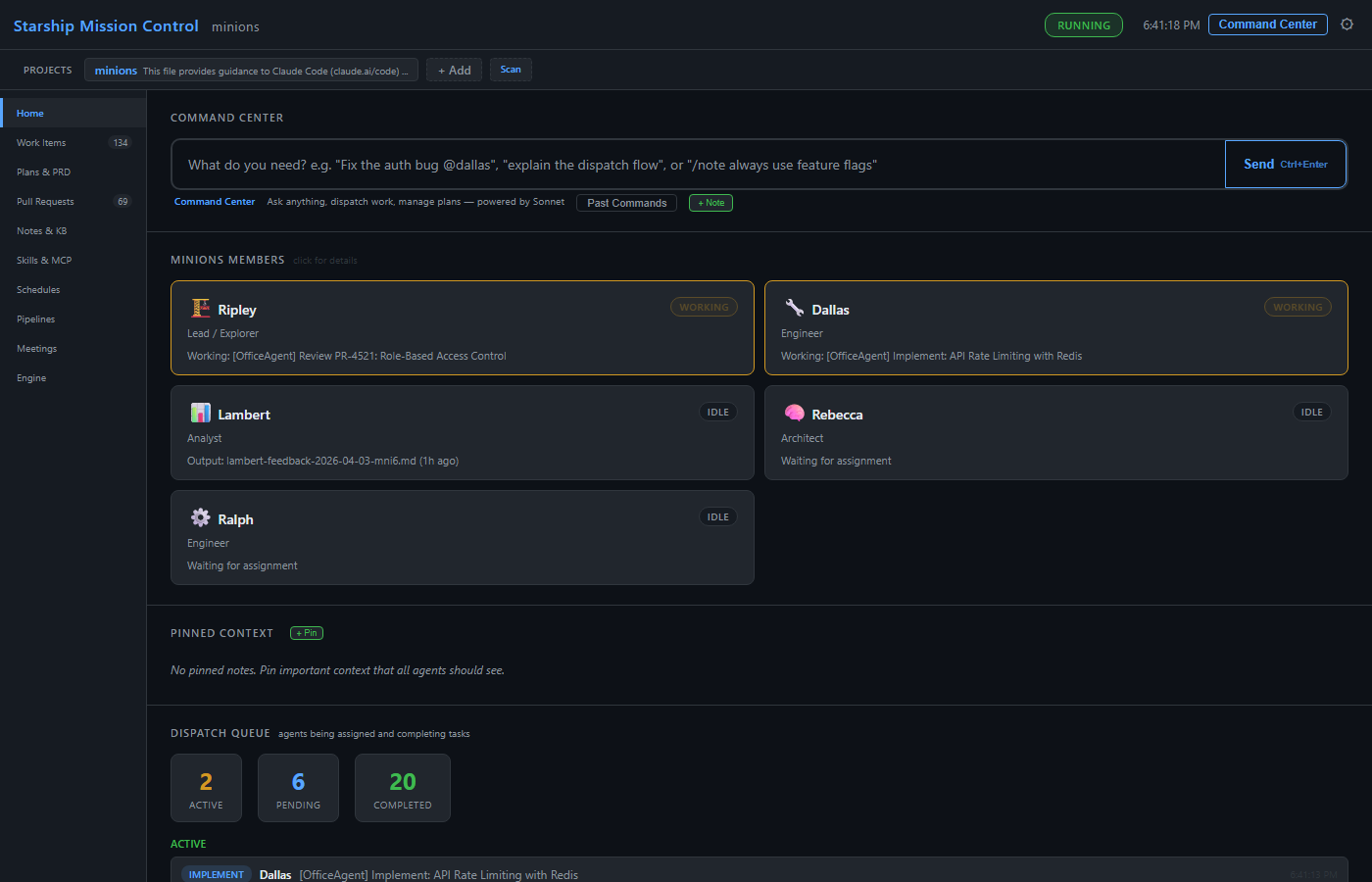 Dashboard overview with agent cards